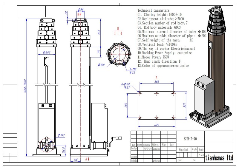 6m electric lockable spindle telescopic mast
