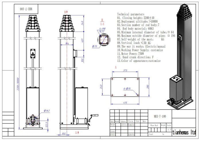 Spindle rope driven telescopic mast