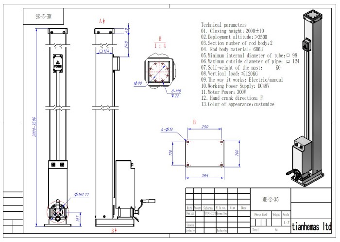 Spindle rope driven telescopic mast